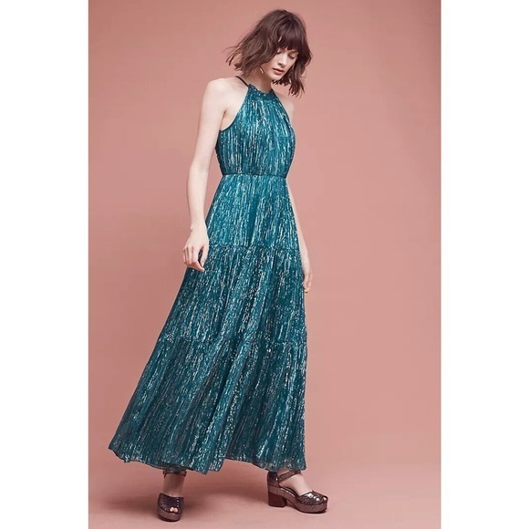 Ranna Gill Anthropologie Size XS Celestial Halter Maxi Gown Dress Emerald Green - Picture 1 of 7